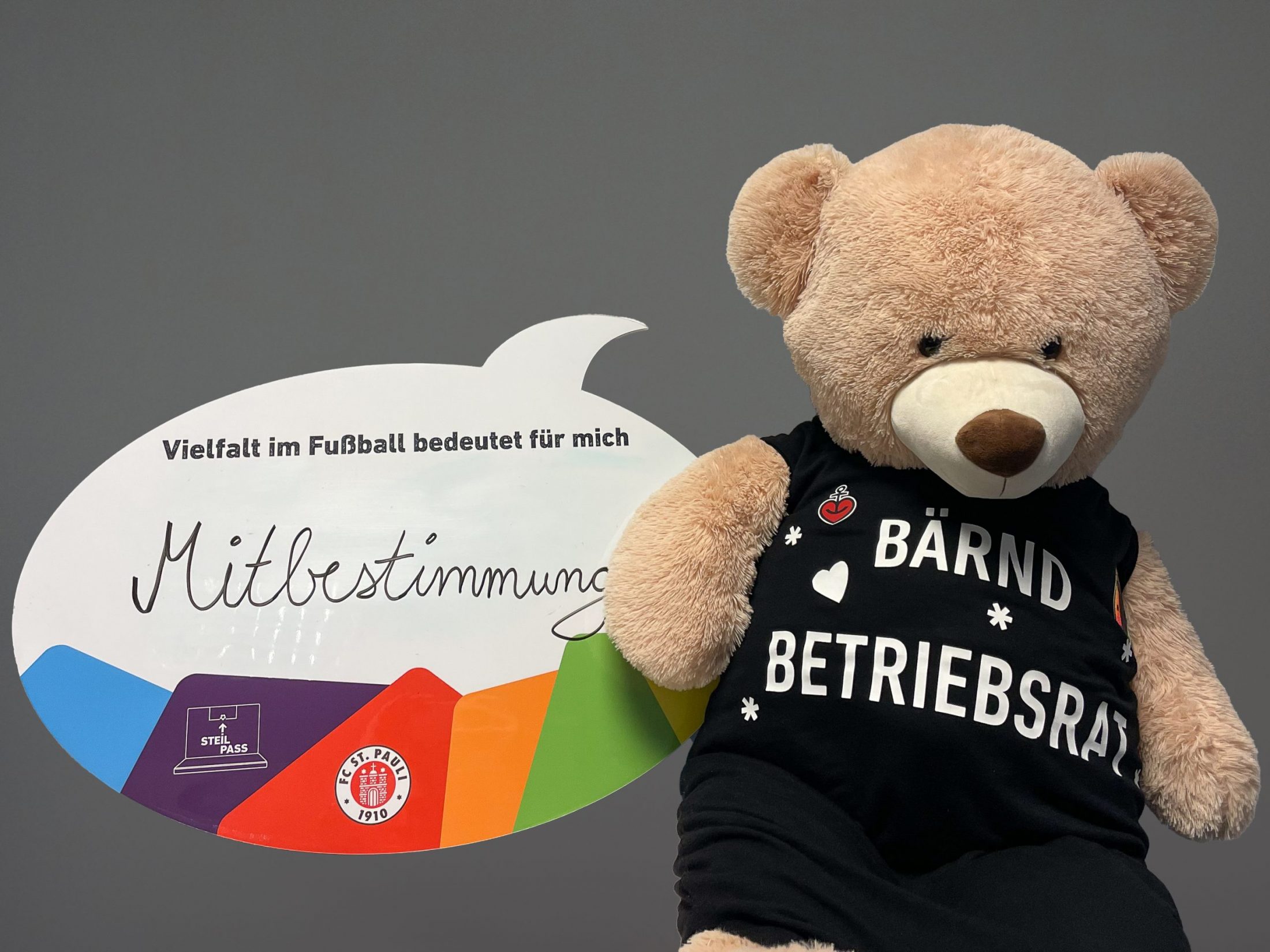 Kuscheltier in Form eines Bären mit „Bärndt Betriebsrat“-Shirt hält eine Sprechblasenschild hoch. "Vielfalt im Fußball bedeutet für mich, Mitbestimmung", steht darauf geschrieben.