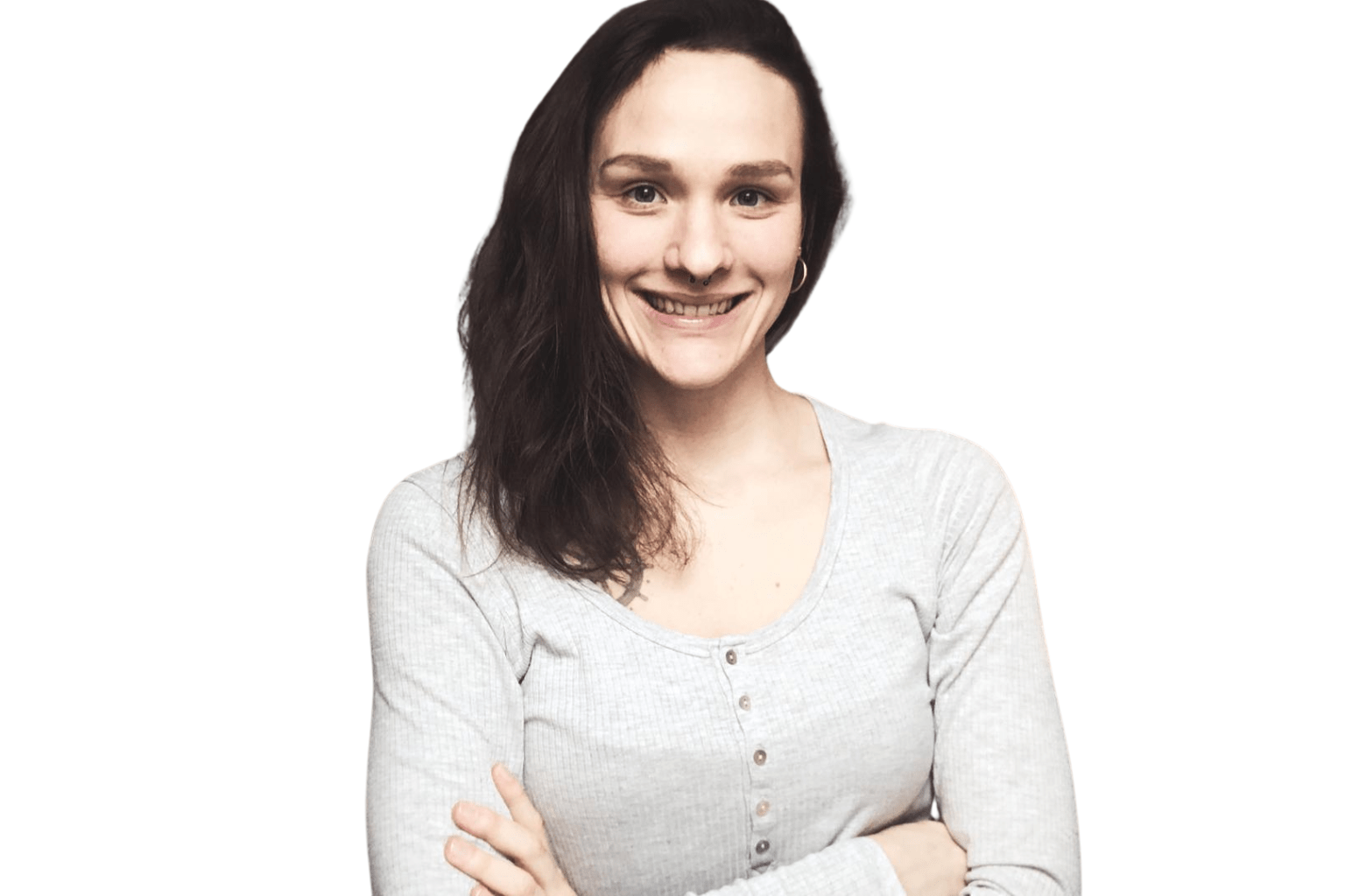 Foto of Johanna Hesselbarth with whiite long-sleeve shirt and long brown hair smiling